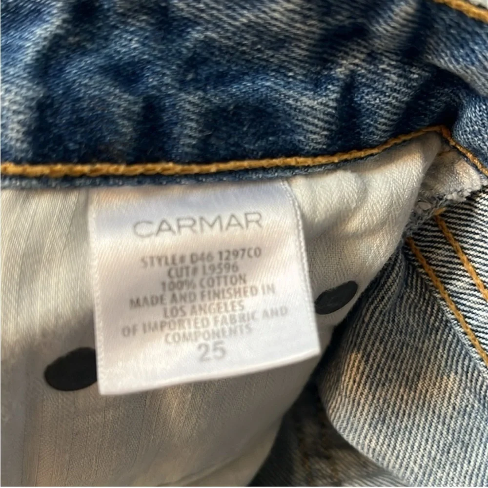 Carmar Los Angeles blue denim buckle cutout mini skirt, size 25. Distressed.